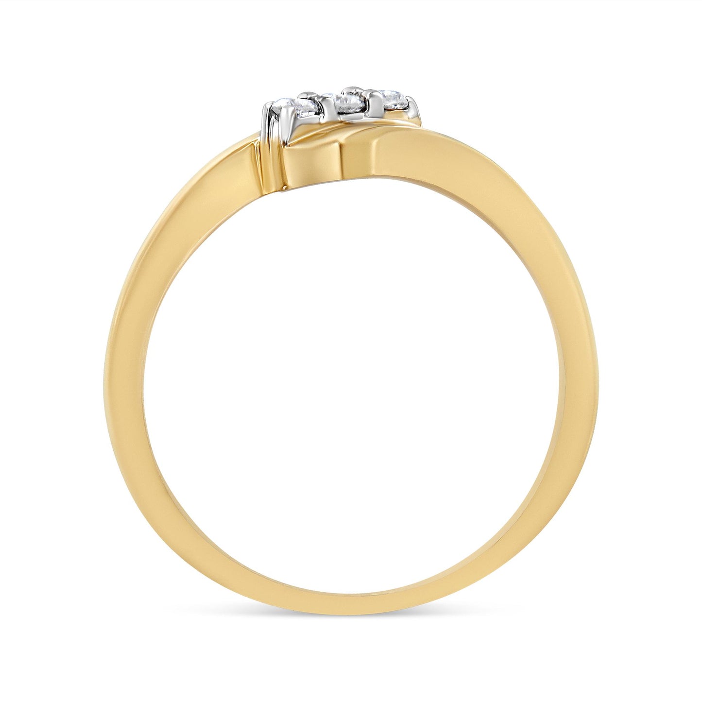 Side view of a yellow metal ring with three round white gemstones set in prongs at the top.