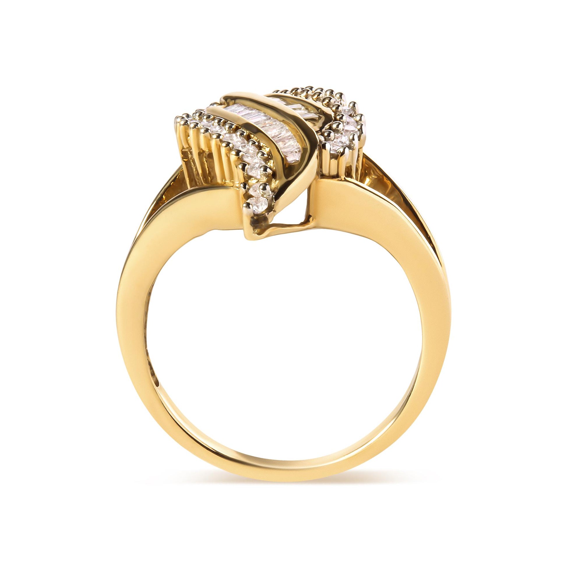 Yellow metal ring with curved design featuring prong-set round white gemstones and channel-set baguette white gemstones, shown in a side view.
