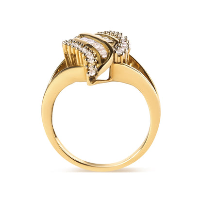 Yellow metal ring with curved design featuring prong-set round white gemstones and channel-set baguette white gemstones, shown in a side view.