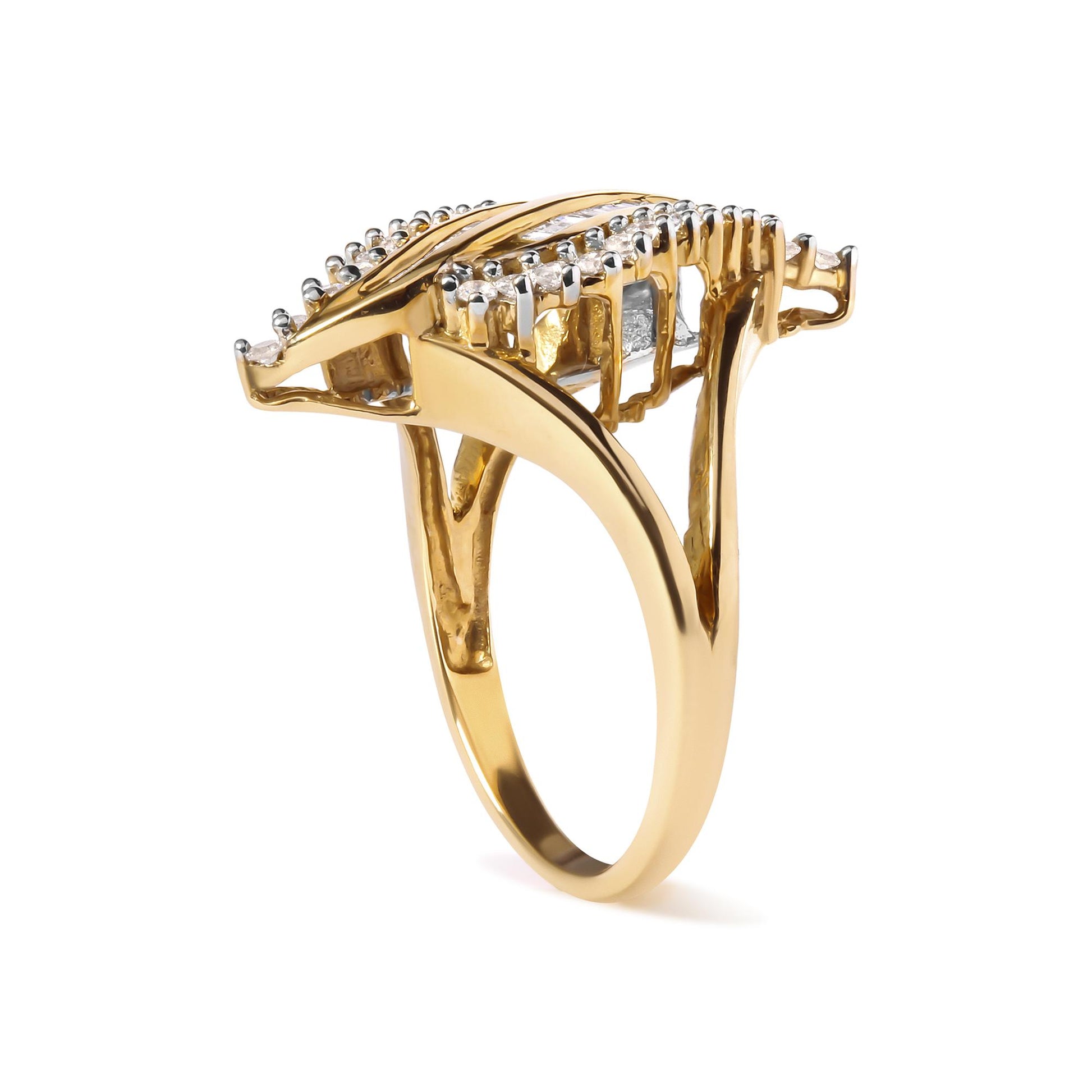 Side angle view of a yellow metal ring featuring white round gemstones in prong settings and white baguette gemstones in channel settings.
