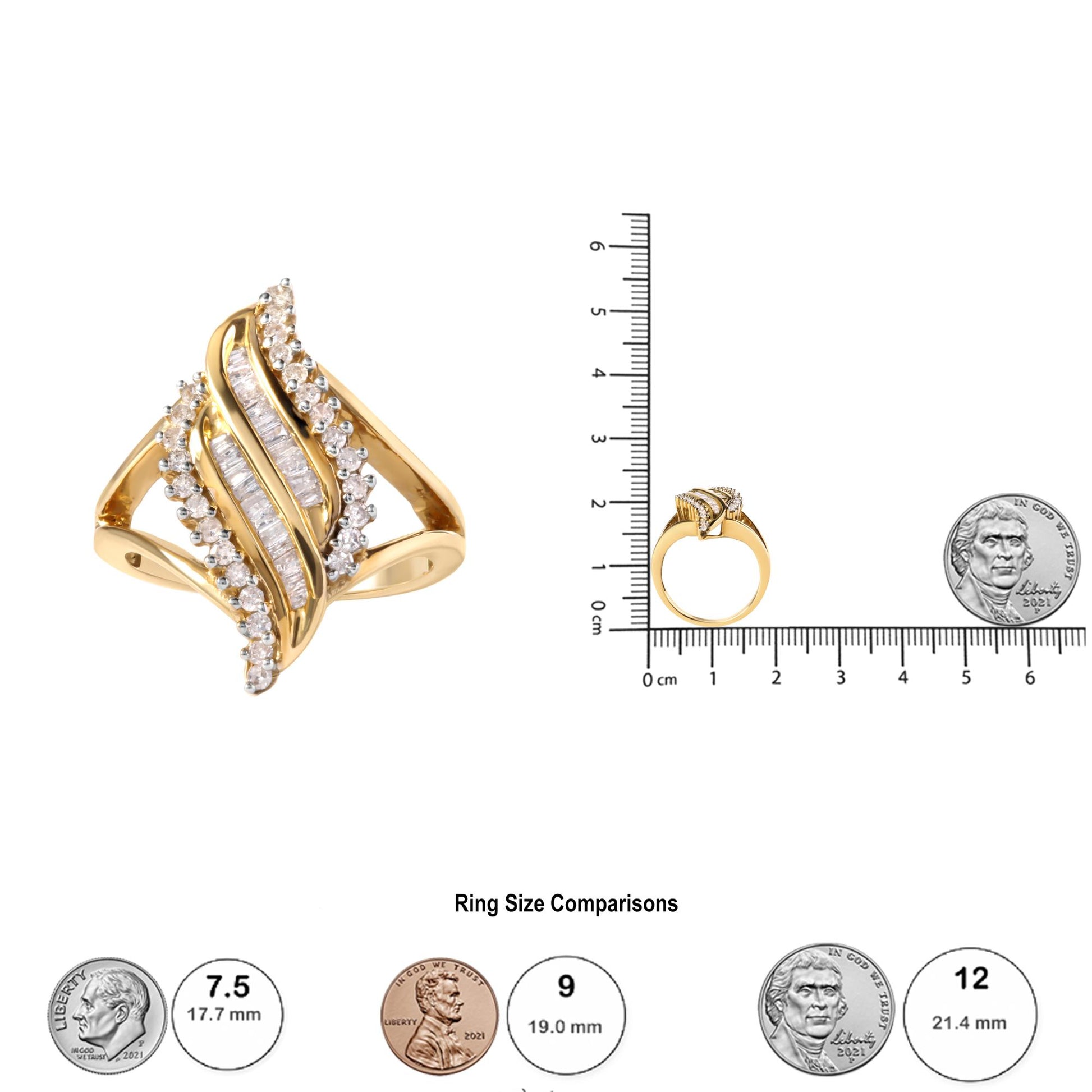 Yellow metal ring with two curved rows of white baguette gemstones in channel settings, bordered by two curved rows of round white gemstones in prong settings, shown from a front angle and a side angle, placed next to a ruler and coins for size reference.