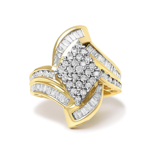 Yellow ring shown from an angled top view, featuring a cluster of round white gemstones in prong settings at the center, surrounded by bands accented with channel-set baguette white gemstones.