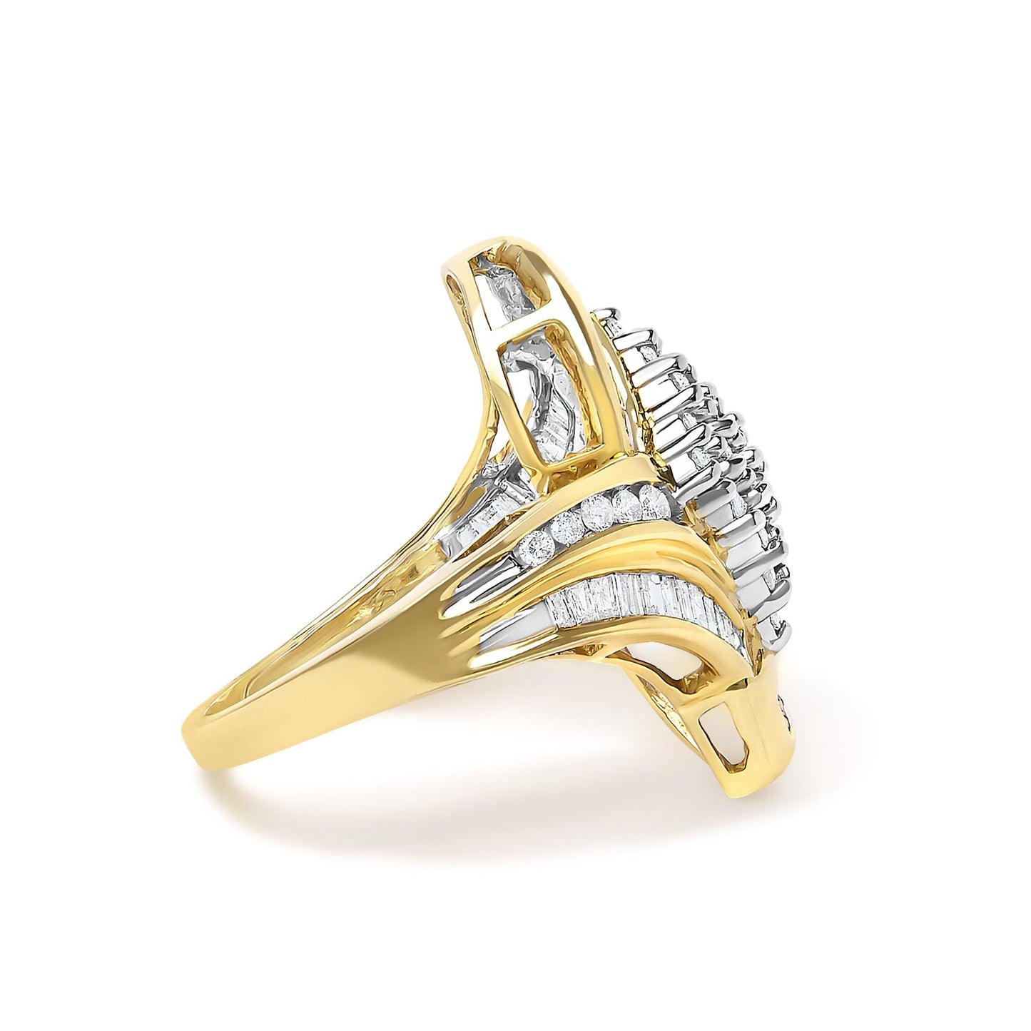 Yellow metal ring with two rows of white round gemstones in prong settings and one row of white baguette gemstones in channel settings, shown at a side angle.