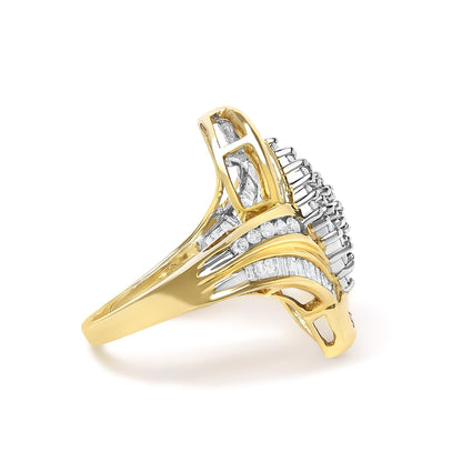 Yellow metal ring with two rows of white round gemstones in prong settings and one row of white baguette gemstones in channel settings, shown at a side angle.