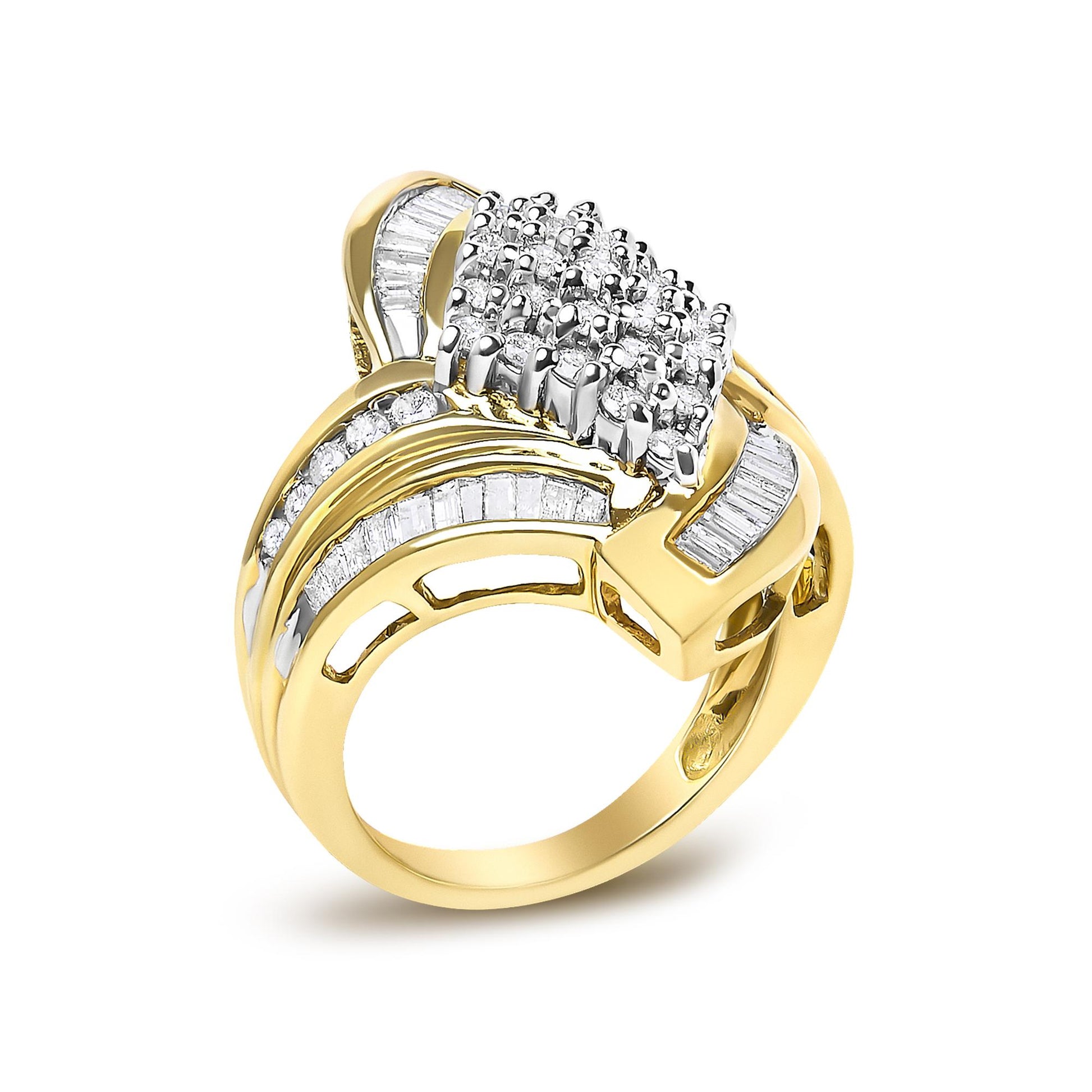 Yellow metal ring with a broad band design, adorned with clusters of white round gemstones in prong settings at the center, and multiple rows of white baguette gemstones in channel settings along the band, shown at a tilted angle.