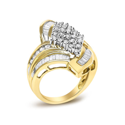Yellow metal ring with a broad band design, adorned with clusters of white round gemstones in prong settings at the center, and multiple rows of white baguette gemstones in channel settings along the band, shown at a tilted angle.