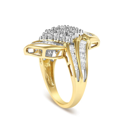 Yellow ring with two rows of white baguette gemstones in channel settings and a raised square cluster of round prong-set white gemstones, shown from a side angle.