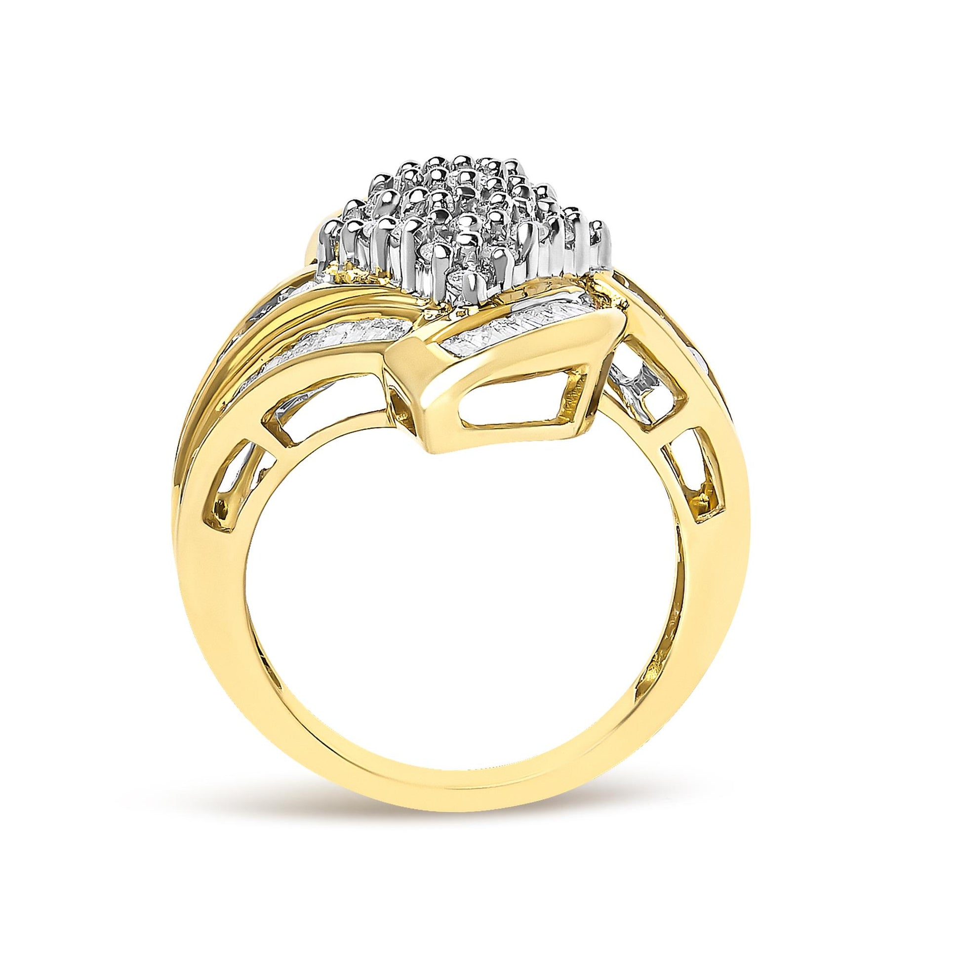 Yellow metal ring shown from the side angle, featuring round white gemstones in prong settings clustered at the top and channel-set baguette white gemstones along the band.