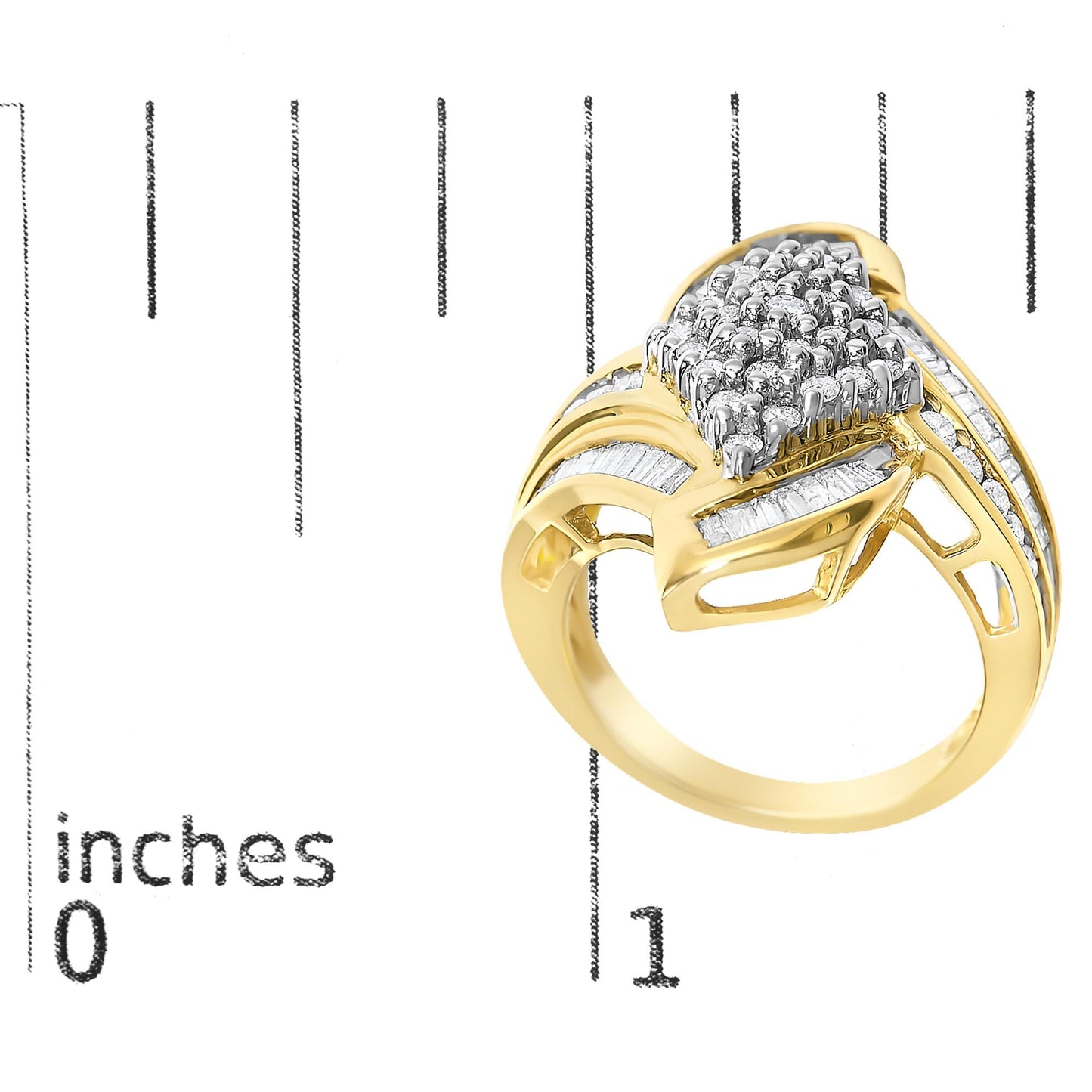 Yellow metal ring shown on a scale, angled to display the top and side, featuring white round gemstones in prong settings clustered at the center and white baguette gemstones in channel settings on the band.