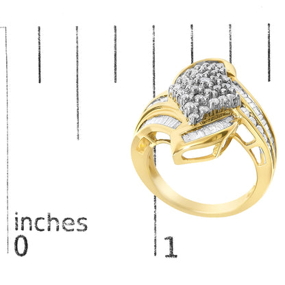 Yellow metal ring shown on a scale, angled to display the top and side, featuring white round gemstones in prong settings clustered at the center and white baguette gemstones in channel settings on the band.