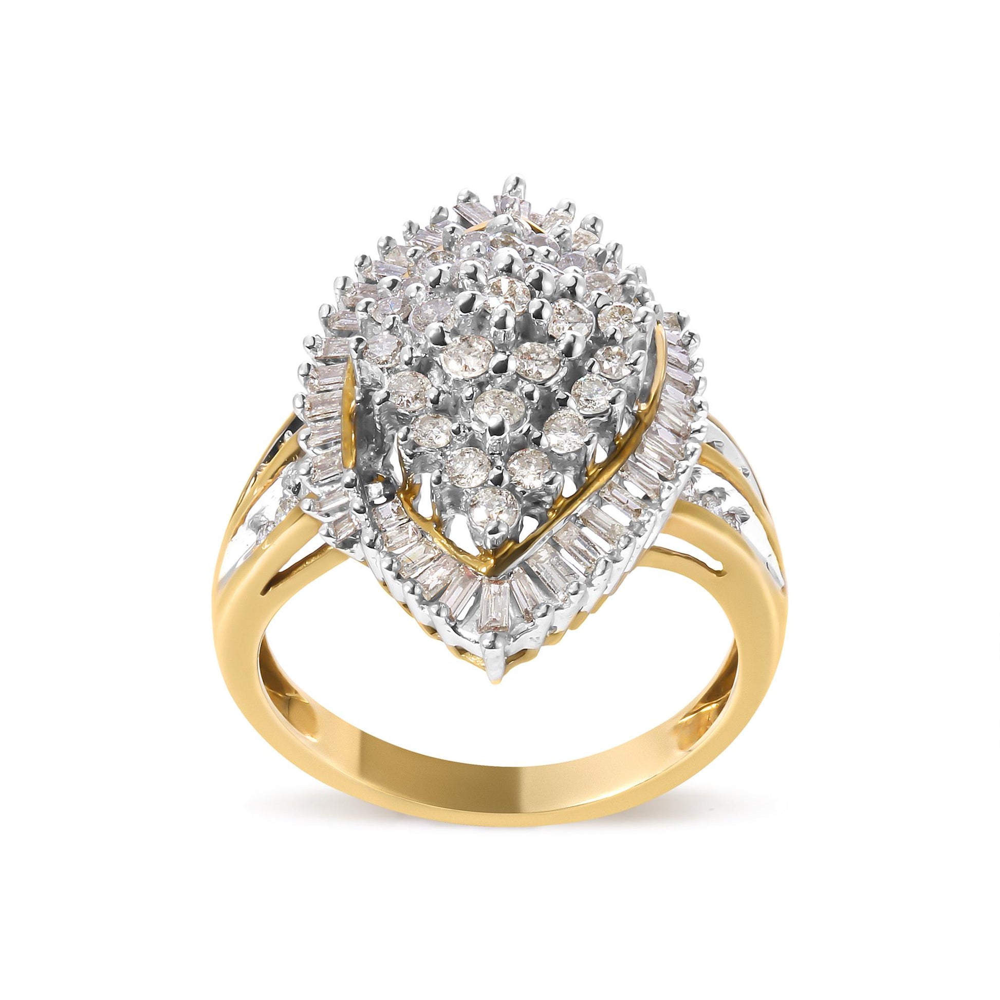 Front-facing view of a yellow ring featuring round and baguette-shaped white gemstones in prong settings arranged in a cluster design.