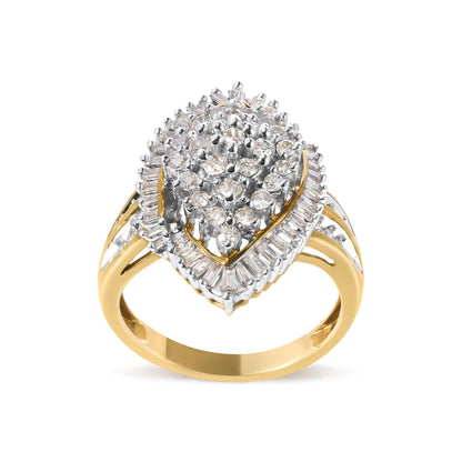 Front-facing view of a yellow ring featuring round and baguette-shaped white gemstones in prong settings arranged in a cluster design.