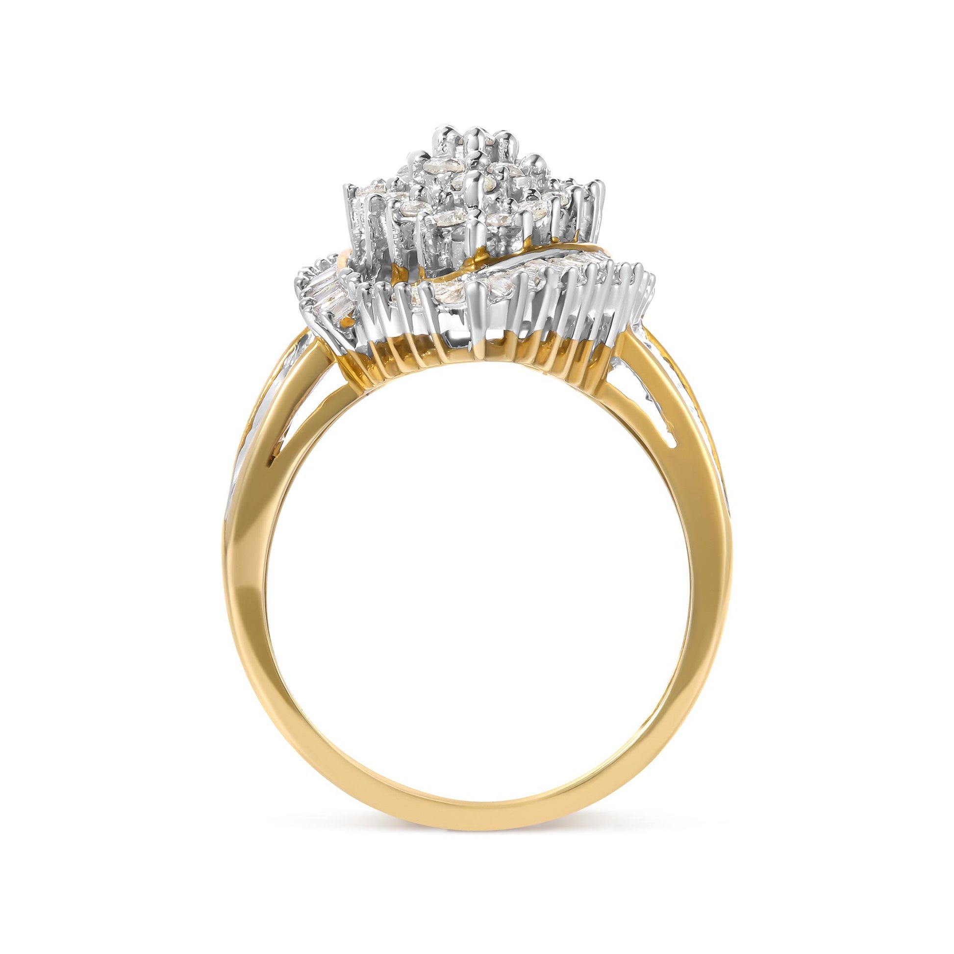 Side view of a yellow ring with white round and baguette gemstones in prong settings on top.