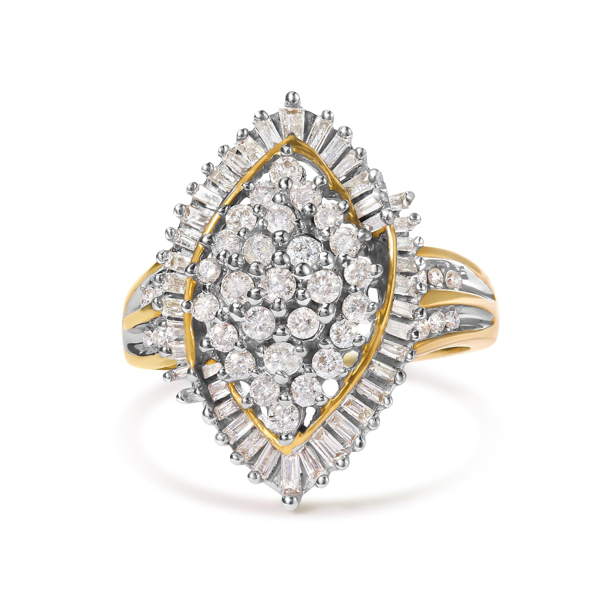 Front angle of a yellow metal ring featuring a cluster of round white gemstones in prong settings surrounded by a border of baguette white gemstones, also in prong settings.