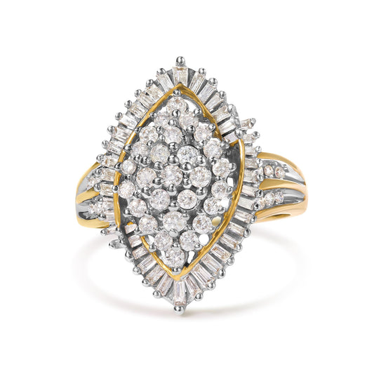 Front angle of a yellow metal ring featuring a cluster of round white gemstones in prong settings surrounded by a border of baguette white gemstones, also in prong settings.