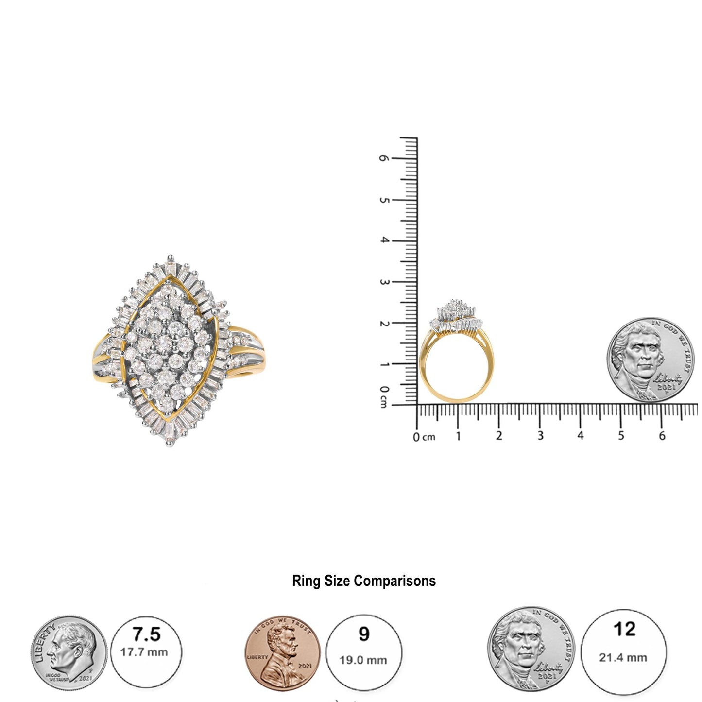 Front and side view of a yellow ring with round and baguette shaped white gemstones in prong settings, shown on a ruler and next to coins for size reference.
