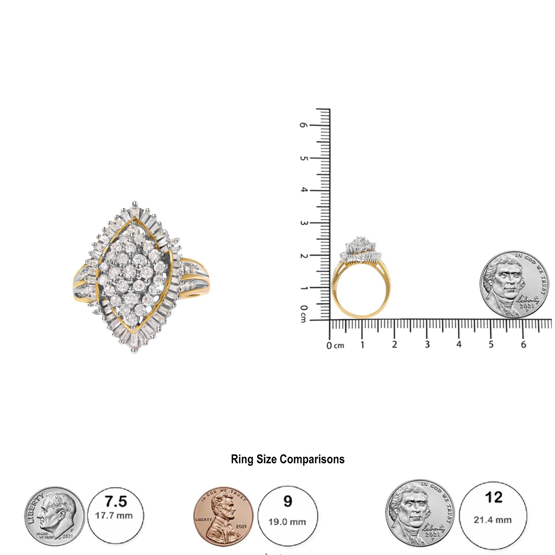 Front and side view of a yellow ring with round and baguette shaped white gemstones in prong settings, shown on a ruler and next to coins for size reference.