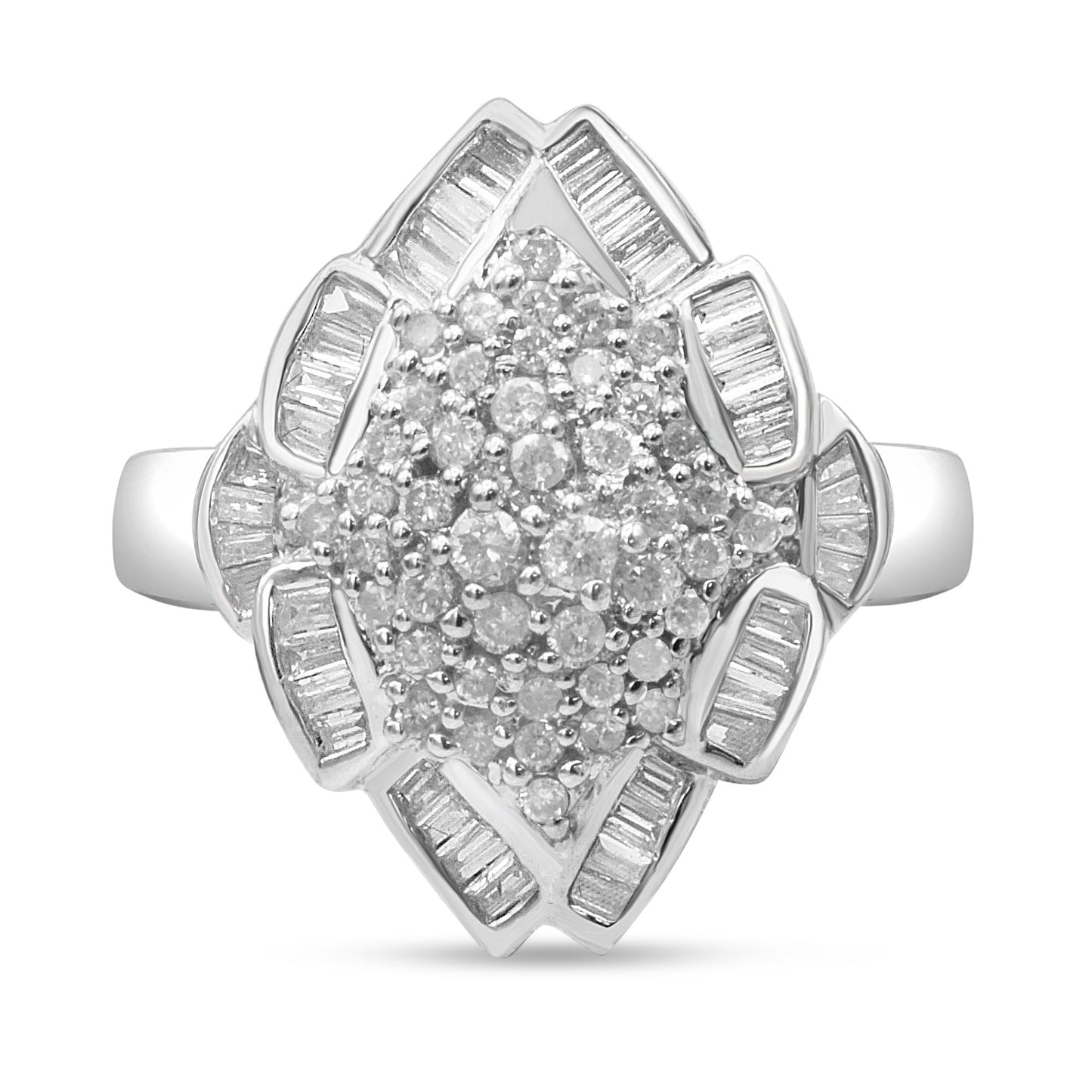 Front-facing view of a white ring featuring a cluster of round white gemstones in prong settings at the center, surrounded by baguette-shaped white gemstones in channel settings.