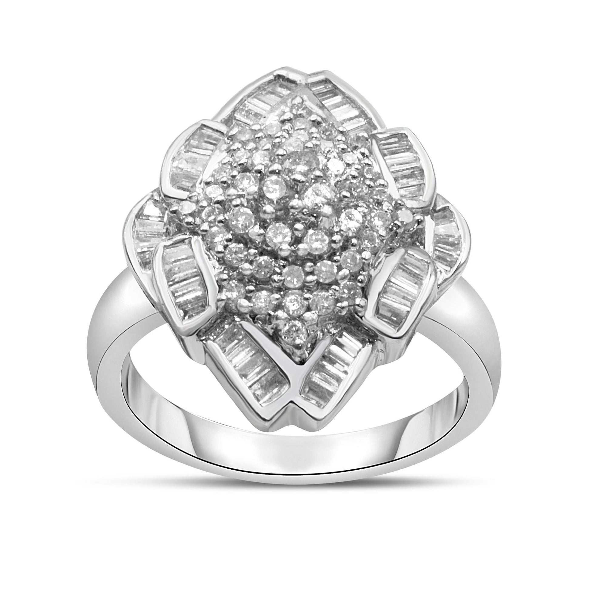 Front-facing shot of a white metal ring with cluster of round prong-set white gemstones in the center, surrounded by baguette channel-set white gemstones in a geometric design.