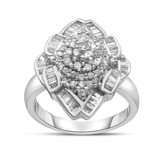 Front-facing shot of a white metal ring with cluster of round prong-set white gemstones in the center, surrounded by baguette channel-set white gemstones in a geometric design.