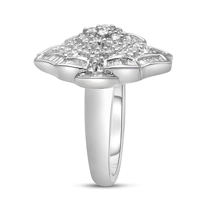 White metal ring with a decorative top featuring round prong-set white gemstones clustered in the center, surrounded by channel-set baguette white gemstones, shown in a side angle.