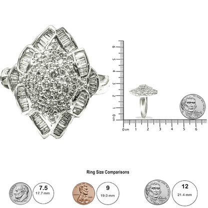 White metal ring with a cluster of round prong-set white gemstones in the center, surrounded by baguette channel-set white gemstones, shown in a top and side view, placed next to a ruler and coins for size reference.