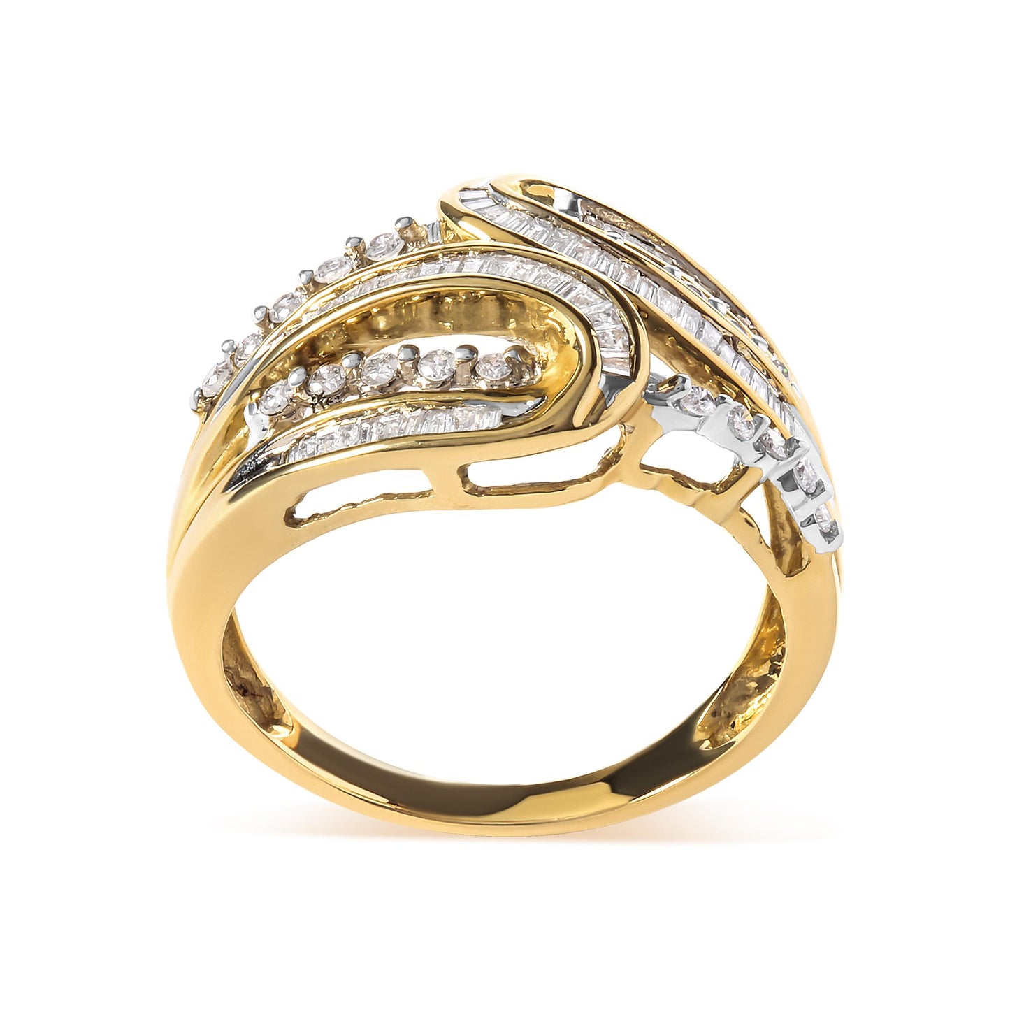 Yellow metal ring with an abstract design, featuring white round gemstones in prong settings and white baguette gemstones in channel settings, photographed from the front angle.