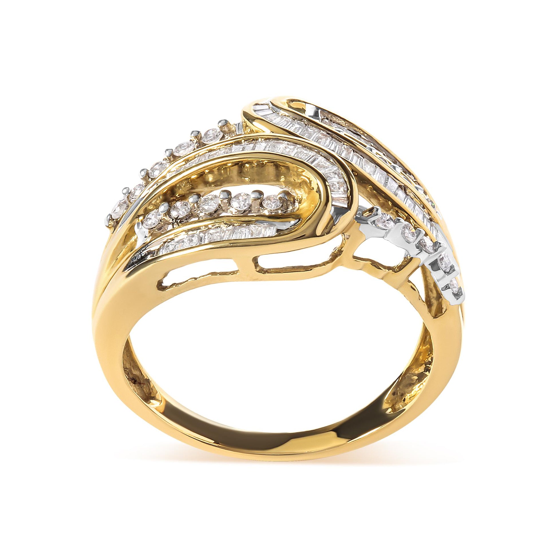 Yellow metal ring with an abstract design, featuring white round gemstones in prong settings and white baguette gemstones in channel settings, photographed from the front angle.