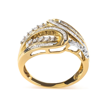 Yellow metal ring with an abstract design, featuring white round gemstones in prong settings and white baguette gemstones in channel settings, photographed from the front angle.