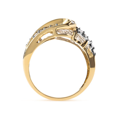 Side view of a yellow metal ring featuring round white gemstones in prong settings and baguette white gemstones in channel settings.