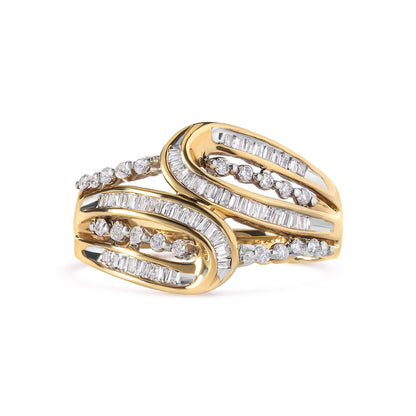 Yellow metal ring with intertwined bands featuring white round gemstones in prong settings and white baguette gemstones in channel settings, shown in a front angle close-up.