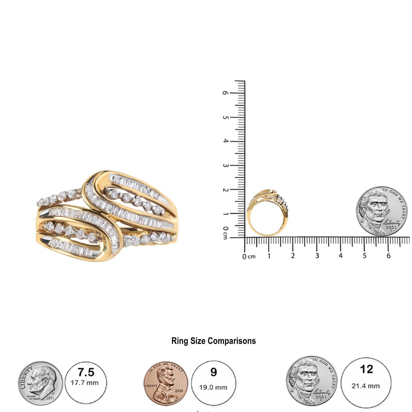 Yellow metal ring with an open swirl design featuring rows of white round gemstones in prong settings and white baguette gemstones in channel settings, shown from a side angle on a ruler for size reference.