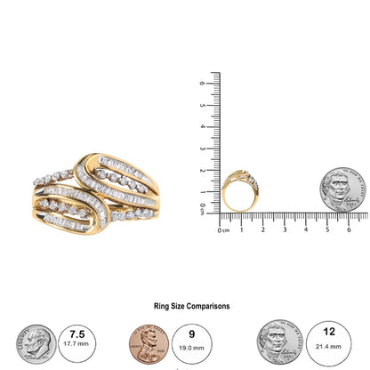 Yellow metal ring with an open swirl design featuring rows of white round gemstones in prong settings and white baguette gemstones in channel settings, shown from a side angle on a ruler for size reference.