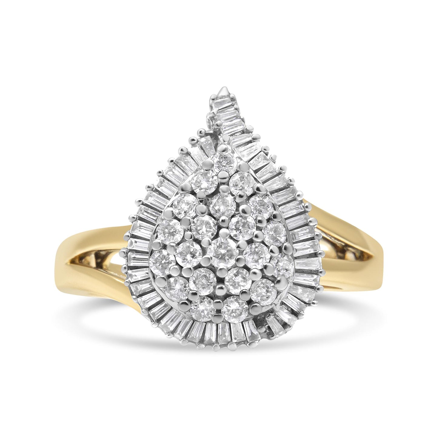 Front angled view of a two-toned ring featuring a pear-shaped cluster of round and baguette white gemstones in prong settings.