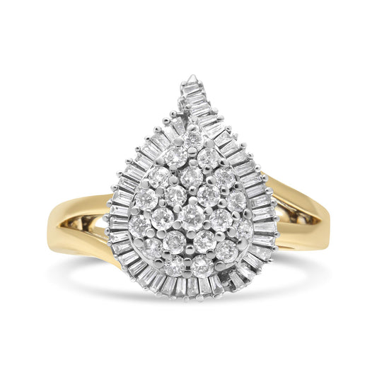 Front angled view of a two-toned ring featuring a pear-shaped cluster of round and baguette white gemstones in prong settings.