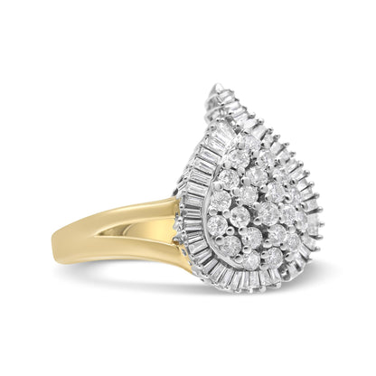Two-toned ring with cluster of round white gemstones surrounded by baguette white gemstones, shown at side angle.