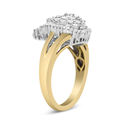 Side angle view of a two-toned ring featuring prong-set round and baguette white gemstones.