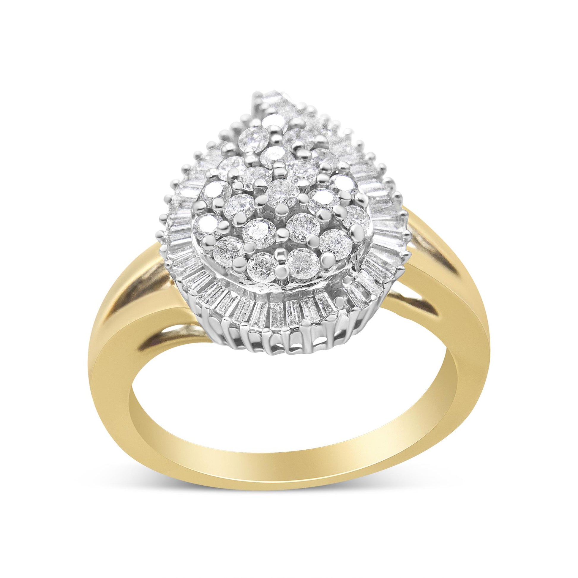 Two-toned ring with round and baguette white gemstones in prong settings, shown from a front angle.