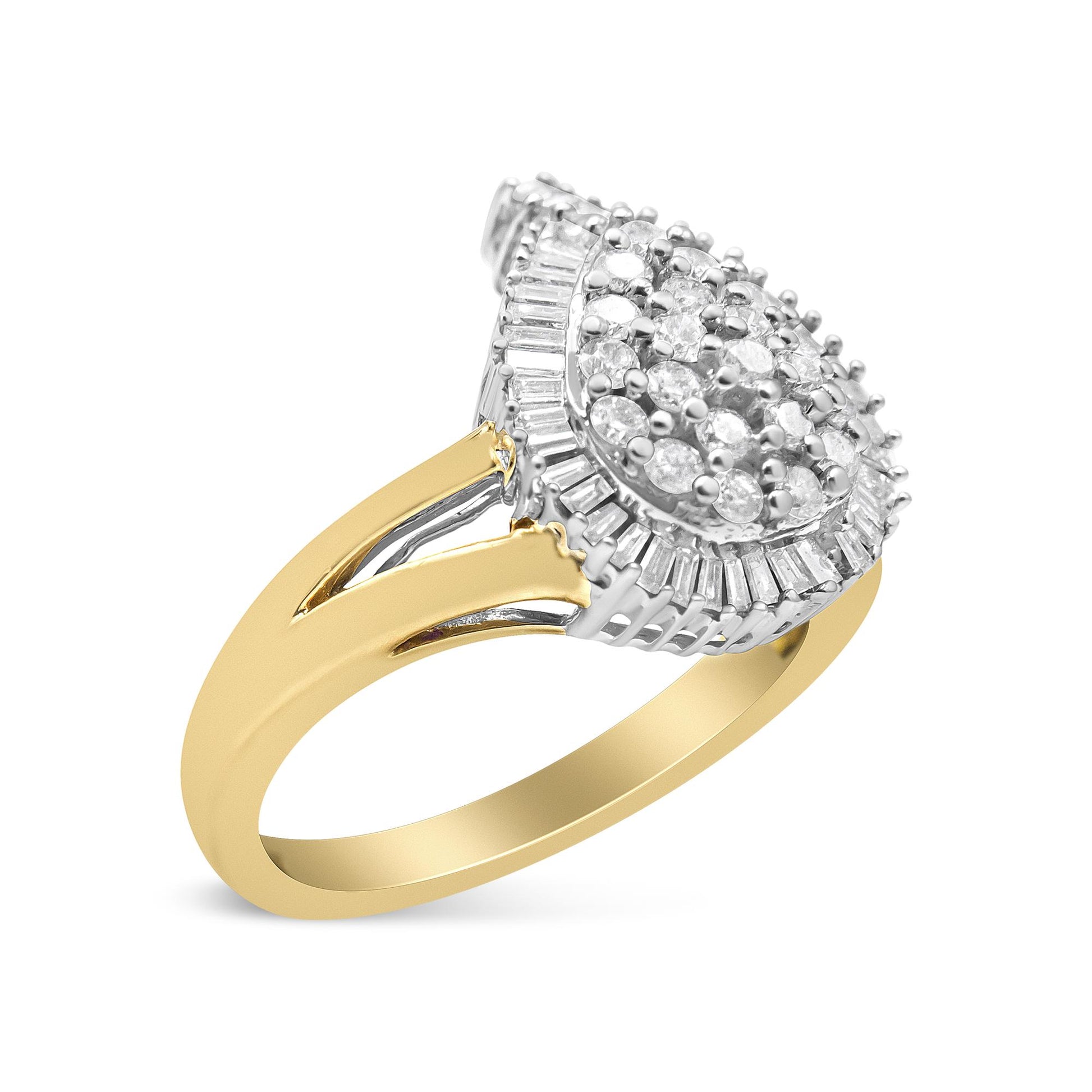 Ring with yellow and white metal band, featuring a cluster of round white gemstones in prong settings surrounded by a halo of baguette-shaped white gemstones, shown from an angled side view.