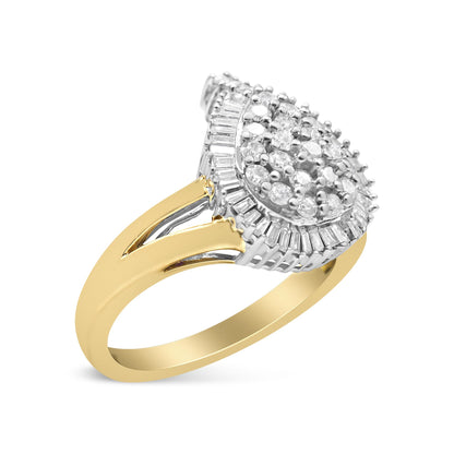 Ring with yellow and white metal band, featuring a cluster of round white gemstones in prong settings surrounded by a halo of baguette-shaped white gemstones, shown from an angled side view.
