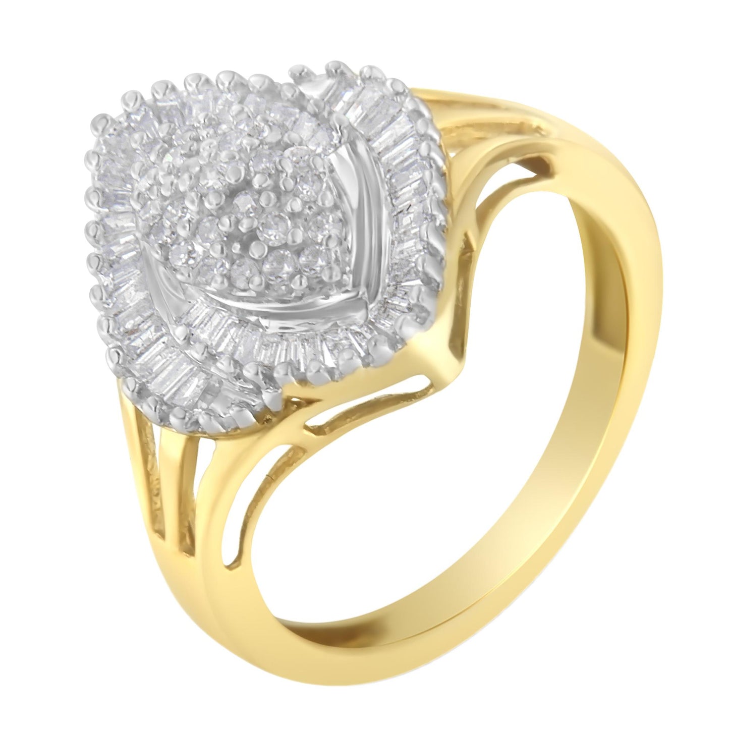 Yellow metal ring with cluster of round prong-set white gemstones in center, surrounded by two rows of baguette channel-set white gemstones, shown in angled close-up view.