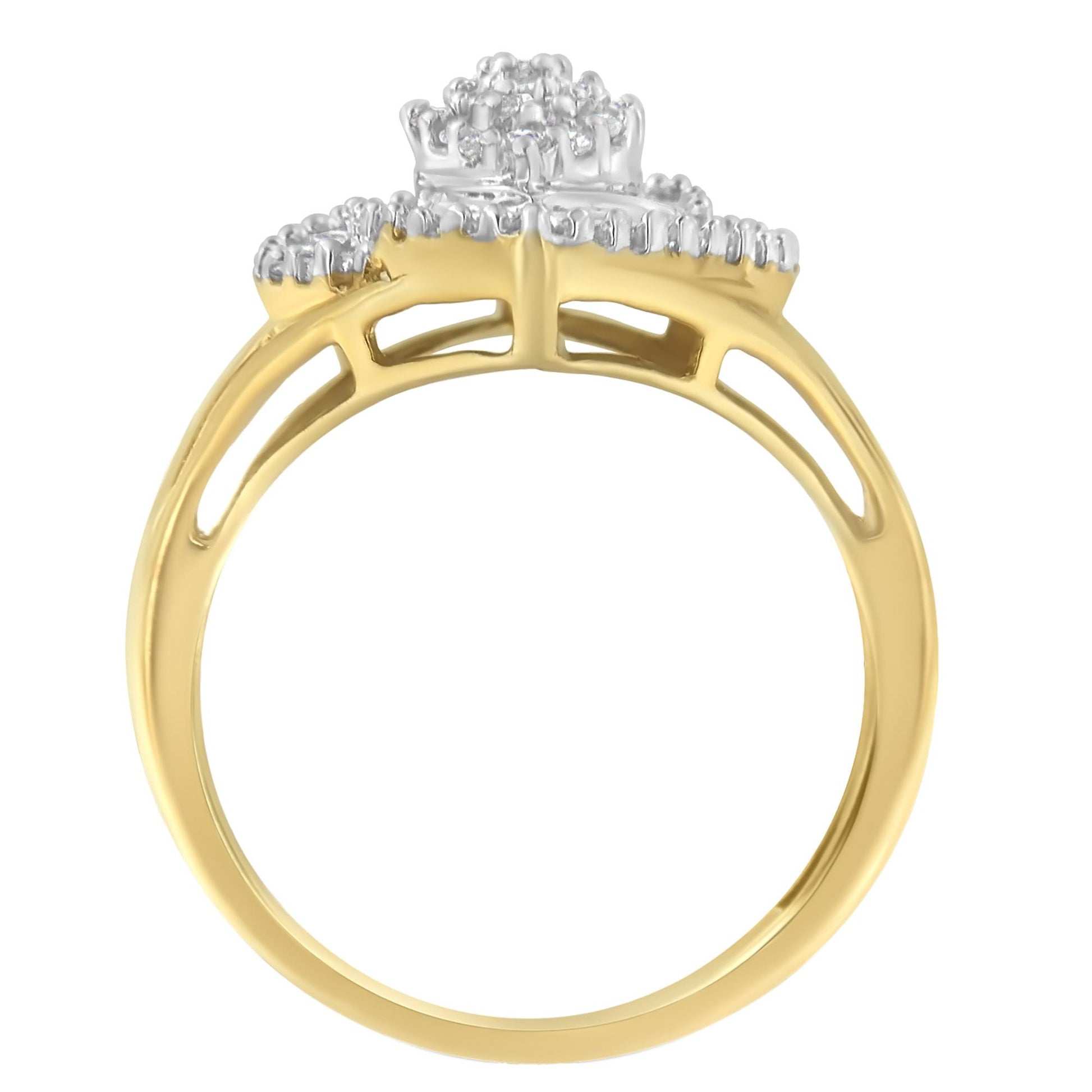 Side view of a yellow ring with round white gemstones in prong settings and baguette white gemstones in channel settings on top.