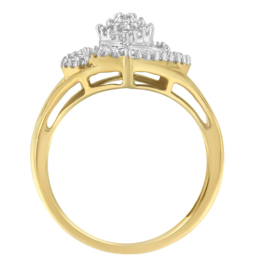 Side view of a yellow ring with round white gemstones in prong settings and baguette white gemstones in channel settings on top.