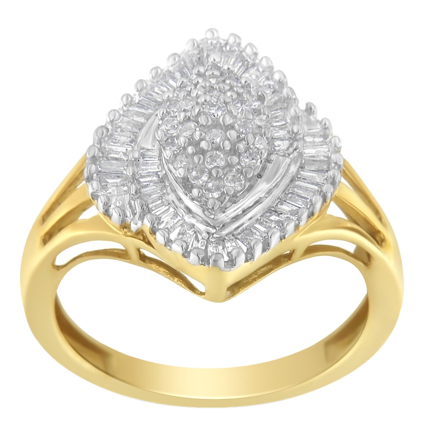Front-facing view of a yellow metal ring featuring a cluster of round white gemstones in prong settings surrounded by baguette-shaped white gemstones in channel settings.