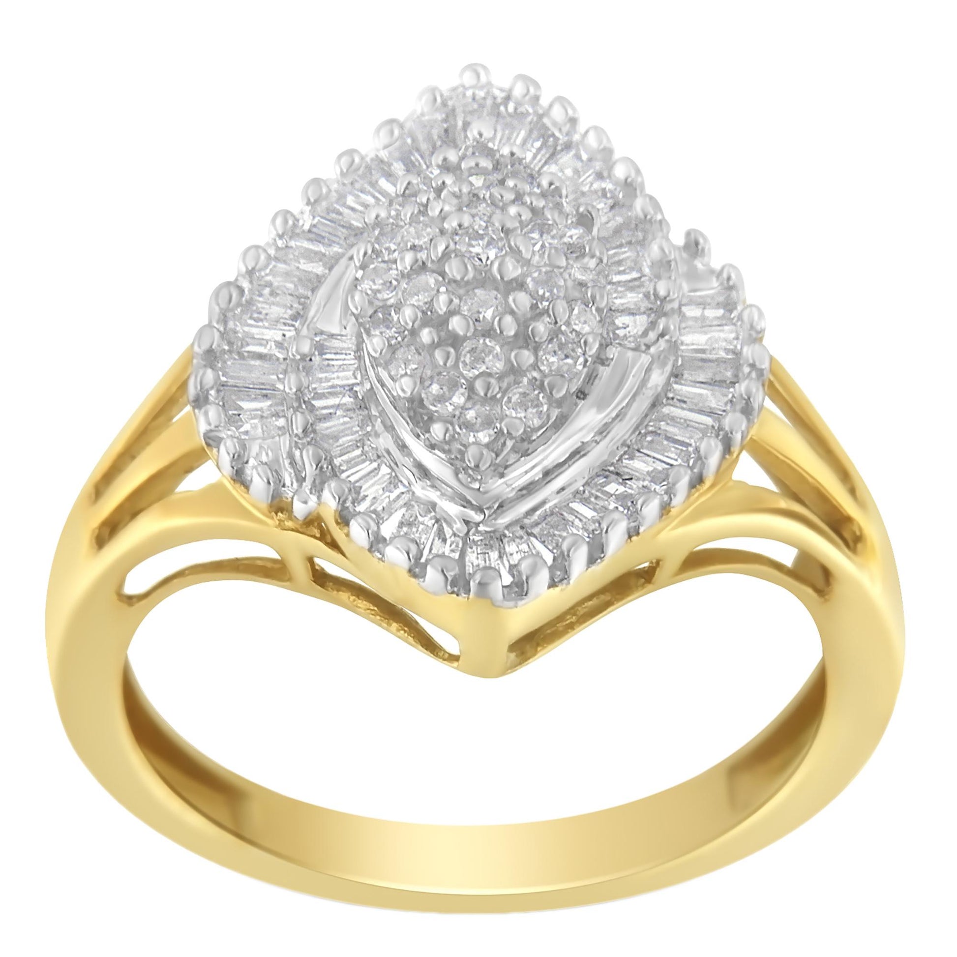 Front-facing view of a yellow metal ring featuring a cluster of round white gemstones in prong settings surrounded by baguette-shaped white gemstones in channel settings.