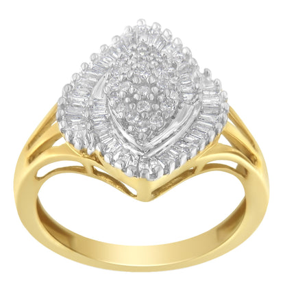 Front-facing view of a yellow metal ring featuring a cluster of round white gemstones in prong settings surrounded by baguette-shaped white gemstones in channel settings.