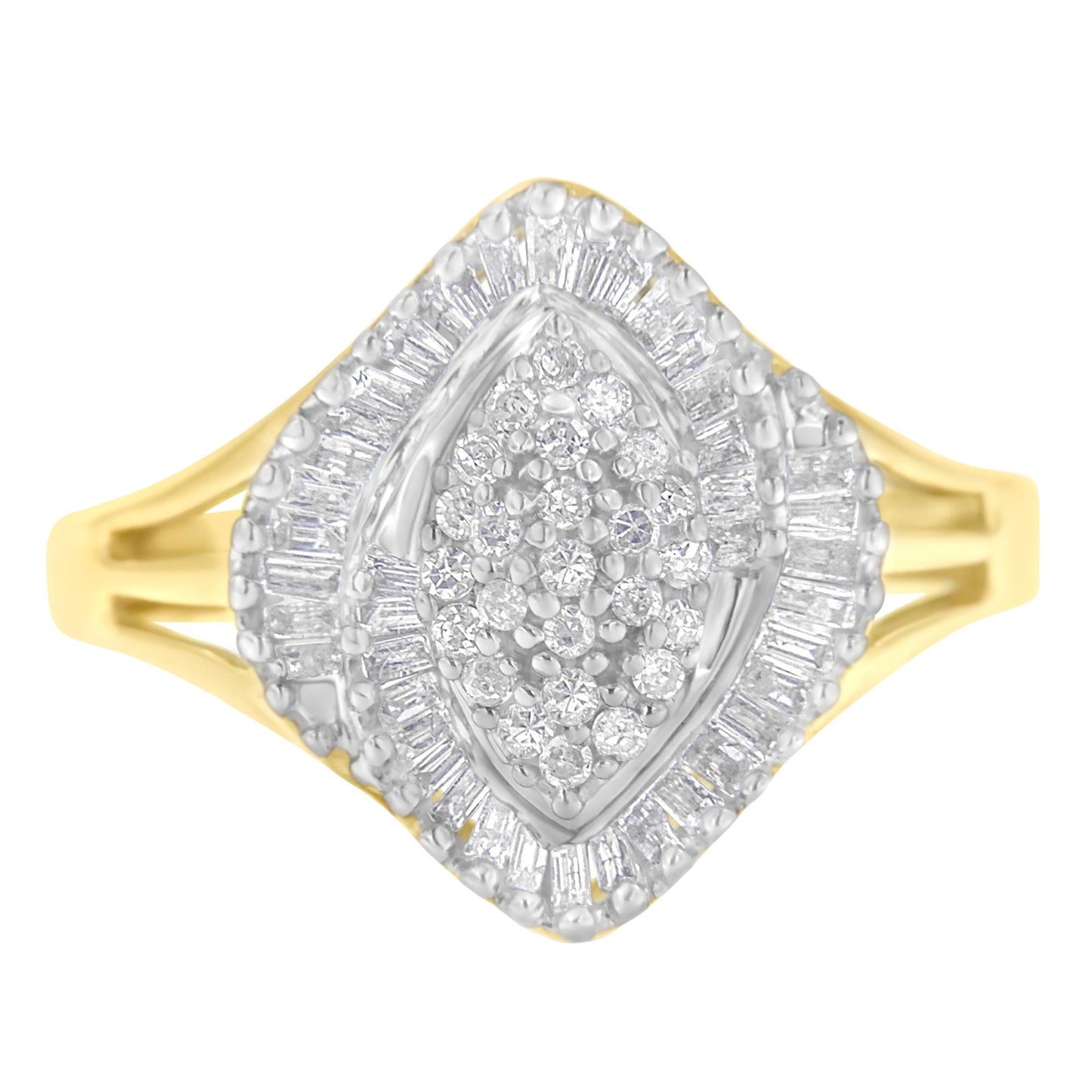 Top-down view of a yellow metal ring featuring an elongated diamond-shaped cluster of round white gemstones in prong settings surrounded by a border of baguette white gemstones in channel settings.