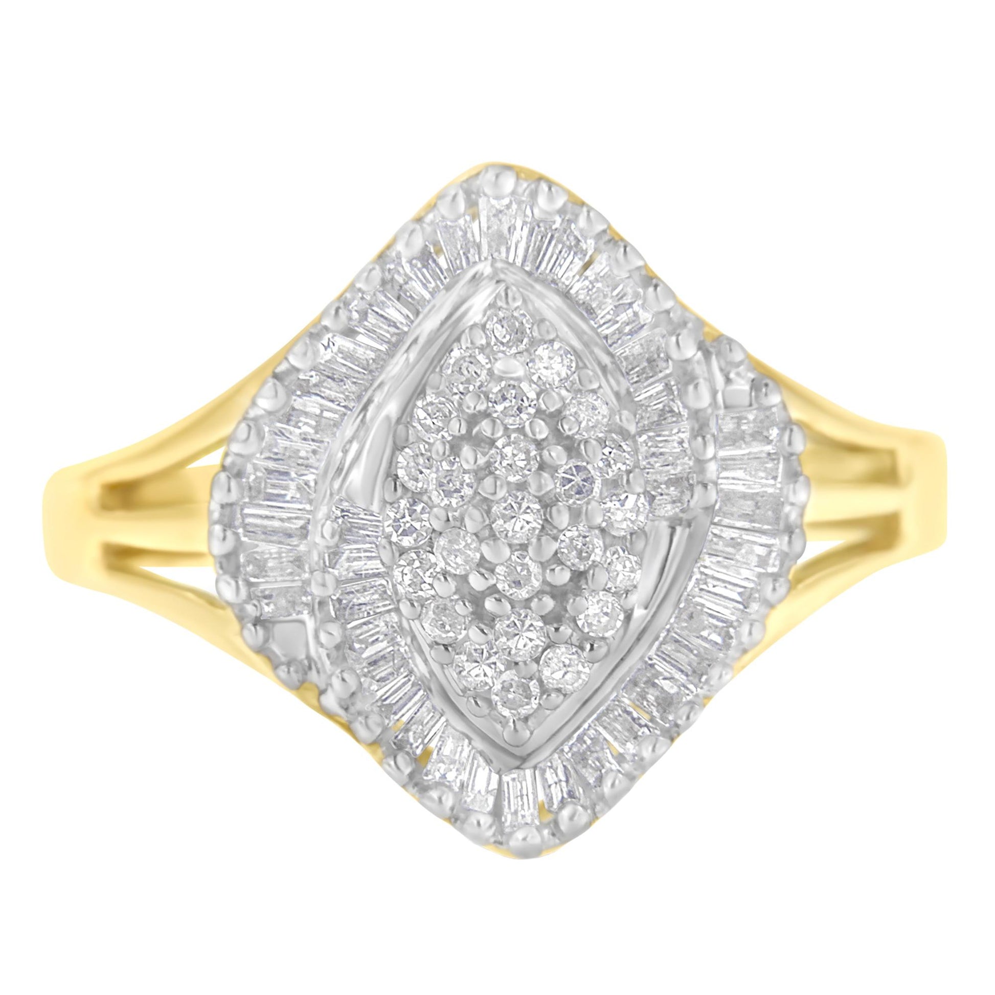 Top-down view of a yellow metal ring featuring an elongated diamond-shaped cluster of round white gemstones in prong settings surrounded by a border of baguette white gemstones in channel settings.