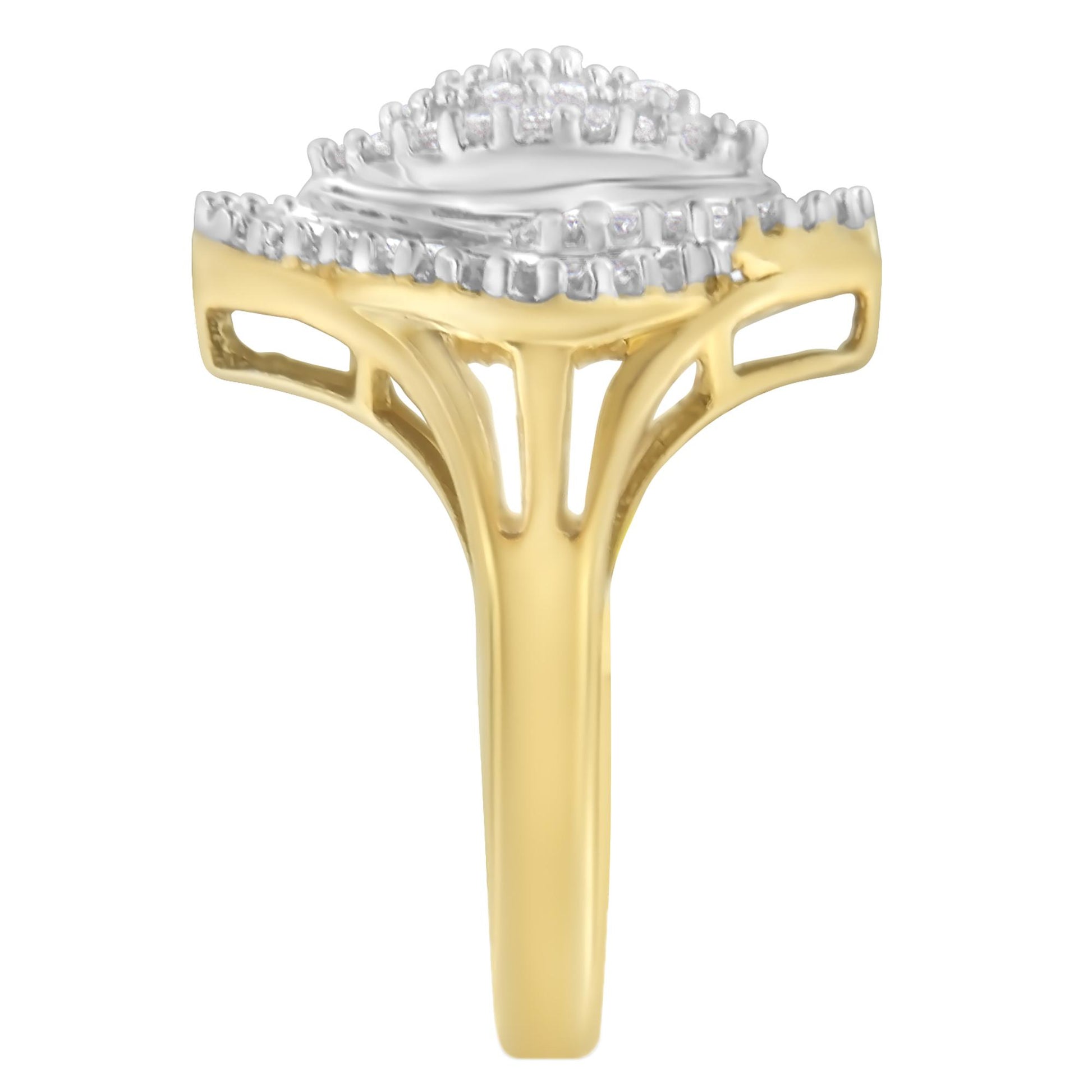 Side view of a yellow metal ring featuring white round gemstones in prong settings arranged in an oval shape on top, surrounded by white baguette gemstones in channel settings, with an open design on the band.