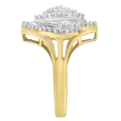 Side view of a yellow metal ring featuring white round gemstones in prong settings arranged in an oval shape on top, surrounded by white baguette gemstones in channel settings, with an open design on the band.